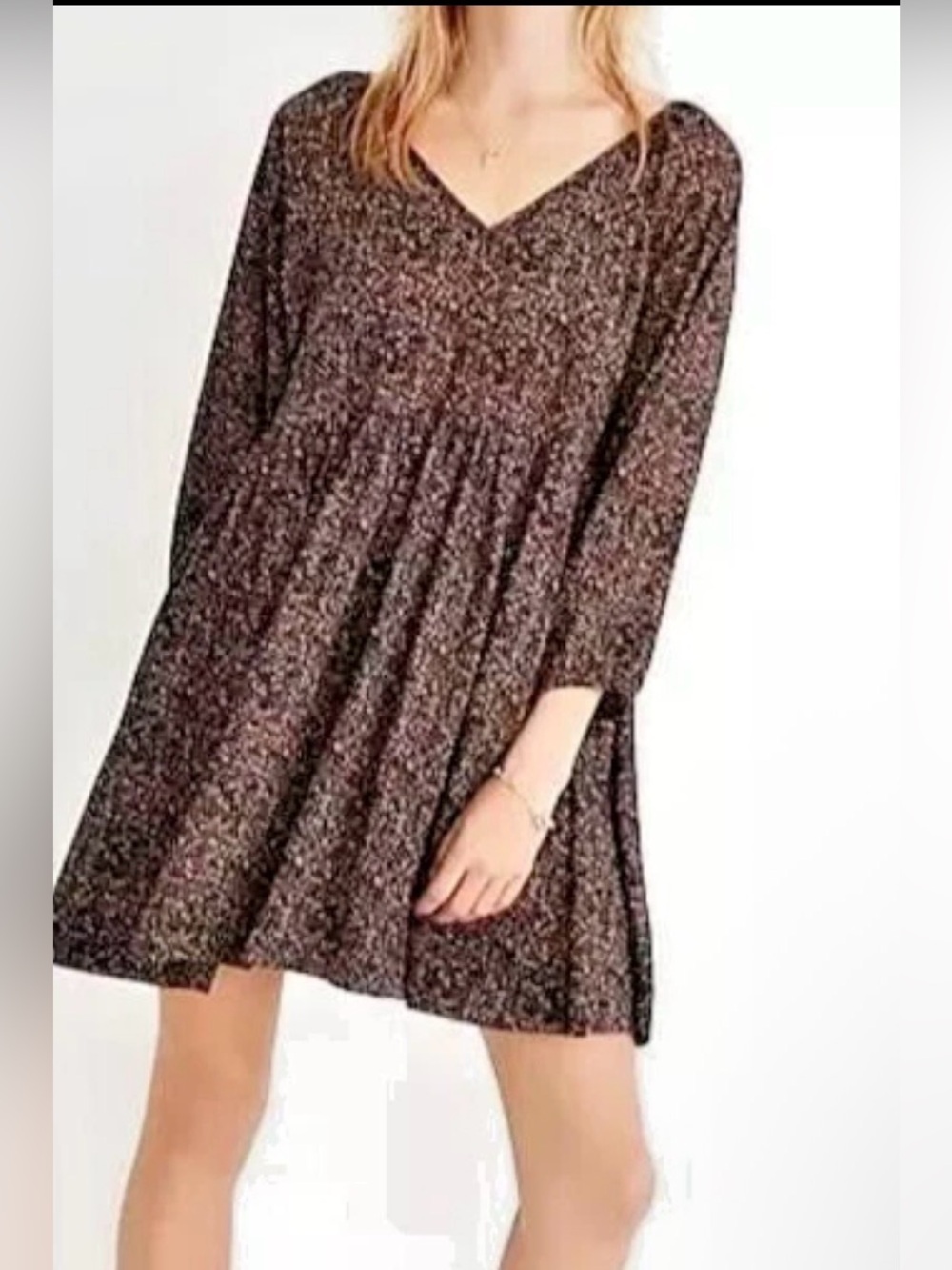 Madewell Brown Speckle V‑Neck Tiered Long‑Sleeve Dress